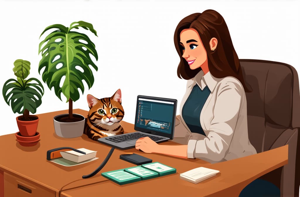  professional detailed photography, work from home woman working at her desk at home with cat and plants. modern vector illustration of home office concept. ar 3:2, (muted colors, dim colors, soothing tones), (vsco:0.3)