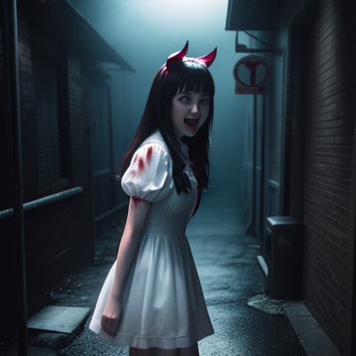  (a sadistic girl), (wearing a blood-soaked white dress), (dark alley), (night), (raining), horror, (fangs, sharp teeth), (inspired by tim burton), blood splatter, donnie darko, evil laugh, dynamic pose, immersive background, (dramatic lighting), ultra highres, (realistic, photo-realistic:1), 8k, raw photo, hyperrealism, photography, (photon mapping, physically-based rendering), <lora:add_detail:1>, <lora:NijiExpressV2:1> , hyperrealistic, high quality, highly detailed, cinematic lighting, intricate, sharp focus, f/1. 8, 85mm, (centered image composition), (professionally color graded), ((bright soft diffused light)), volumetric fog, trending on instagram, HDR 4K, 8K