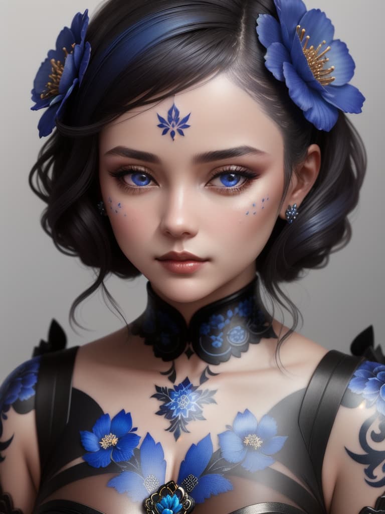  Close-up porcelain female figurine, looking to the camera, glossy surface, glaze, shiny, blue floral tattoos on her, dark gradient background, baroque dark style, hyperrealistic, CG society, intricate details