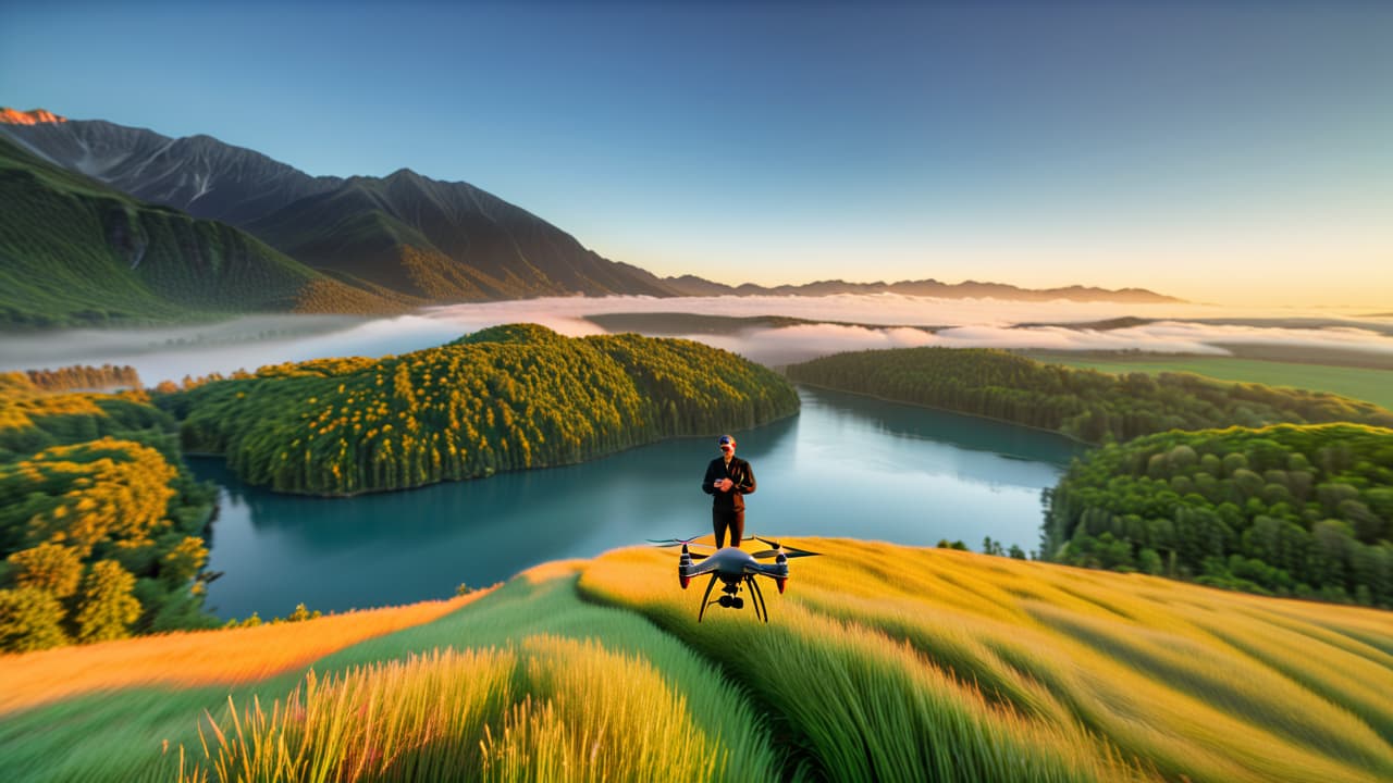  a scenic aerial view of a drone capturing images above a stunning landscape, showcasing a photographer operating the drone from a scenic hillside, with vibrant nature and sweeping skies in the background. hyperrealistic, full body, detailed clothing, highly detailed, cinematic lighting, stunningly beautiful, intricate, sharp focus, f/1. 8, 85mm, (centered image composition), (professionally color graded), ((bright soft diffused light)), volumetric fog, trending on instagram, trending on tumblr, HDR 4K, 8K