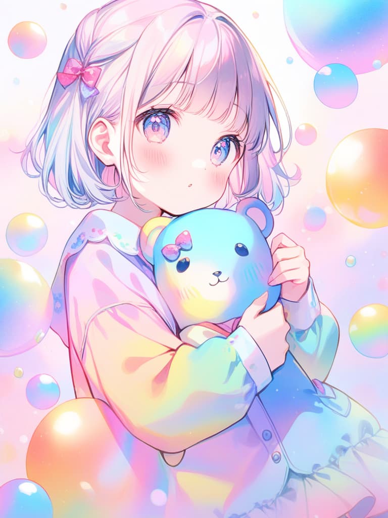  one girl,girl holding a teddy bear,bun hair,elementary school girl,blunt bangs,pajamas,highlights,detailed pictures,kawaiitech,pastel colors,kawaii,cute colors,shadow,girl,colorful,glowing bubbles,iridescent,watercolor,cheerful