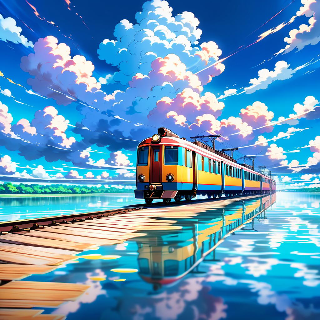  anime artwork an ancient train rides on flooded paths in a lake filled with water, an endless lake, space, in the distance reflected clouds in the water . anime style, key visual, vibrant, studio anime, highly detailed