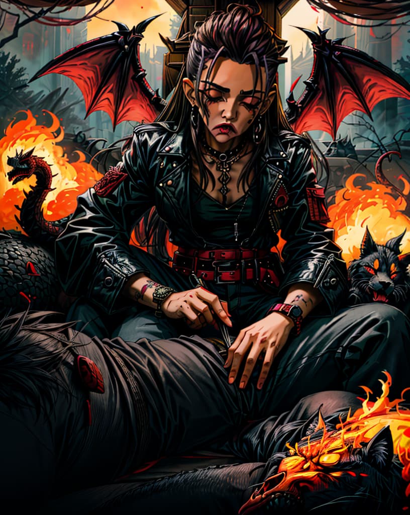  male, surrounded by fire, demons and dragons , dark sky, bloodstainai, horror, fear