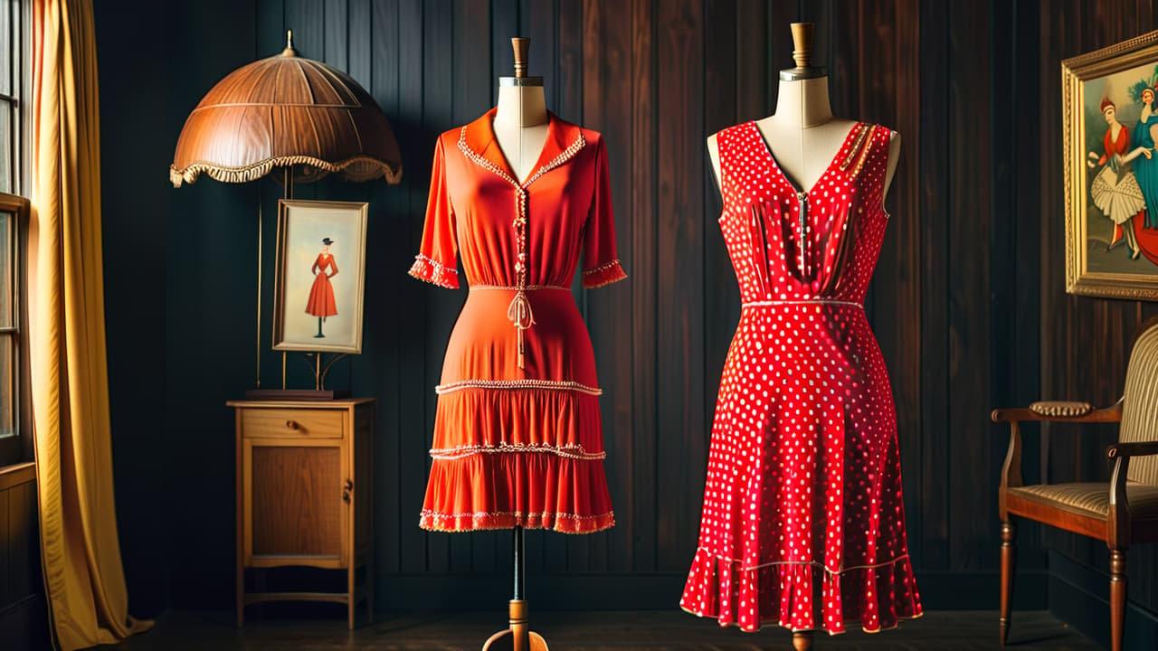  a display of true vintage fashion clothing, featuring a 1920s flapper dress with fringe, a 1950s polka dot swing dress, and 1970s bell bottom jeans, arranged artistically on vintage wooden hangers against a retro backdrop. hyperrealistic, full body, detailed clothing, highly detailed, cinematic lighting, stunningly beautiful, intricate, sharp focus, f/1. 8, 85mm, (centered image composition), (professionally color graded), ((bright soft diffused light)), volumetric fog, trending on instagram, trending on tumblr, HDR 4K, 8K