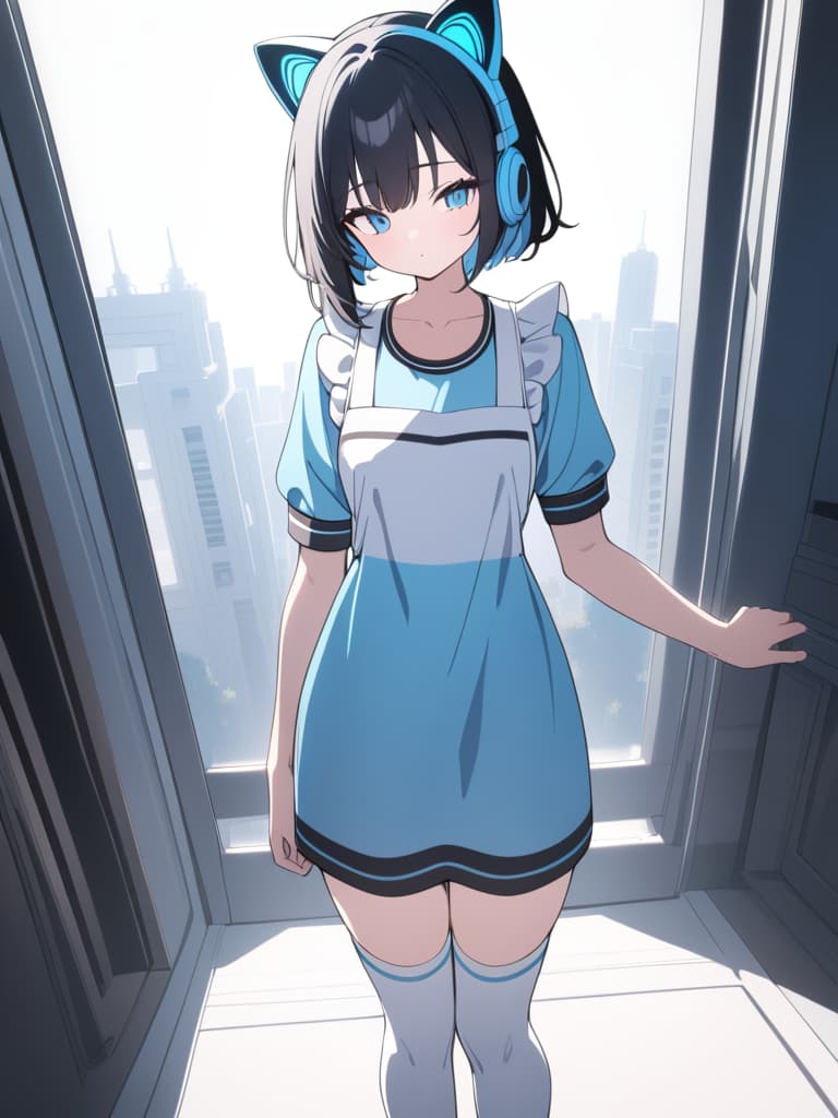  ((headphones,cute,light blue jersey,black hair,bob hair,trimmed bob hair,light blue eyes,jersey apron,maid apron over jersey,cat shaped headphones,light blue headphones,jersey dress,white leg warmers,light blue color scheme))、ultra detailed,best shadow,cute and beautiful face,(masterpiece:1.2),(best quality:1.2),detailed background,high contrast,(best illumination,an extremely delicate and beautiful),((cinematic light)),hyper detail,dramatic light,intricate details,8k,anime,very aesthetic、jersey: 1.5