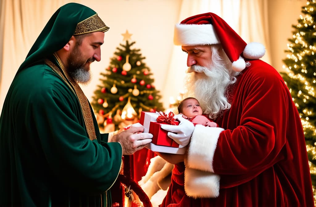  professional detailed photography, a magical christmas miracle: santa joins the nativity by giving the baby jesus a present. ar 3:2, (muted colors, dim colors, soothing tones), (vsco:0.3)