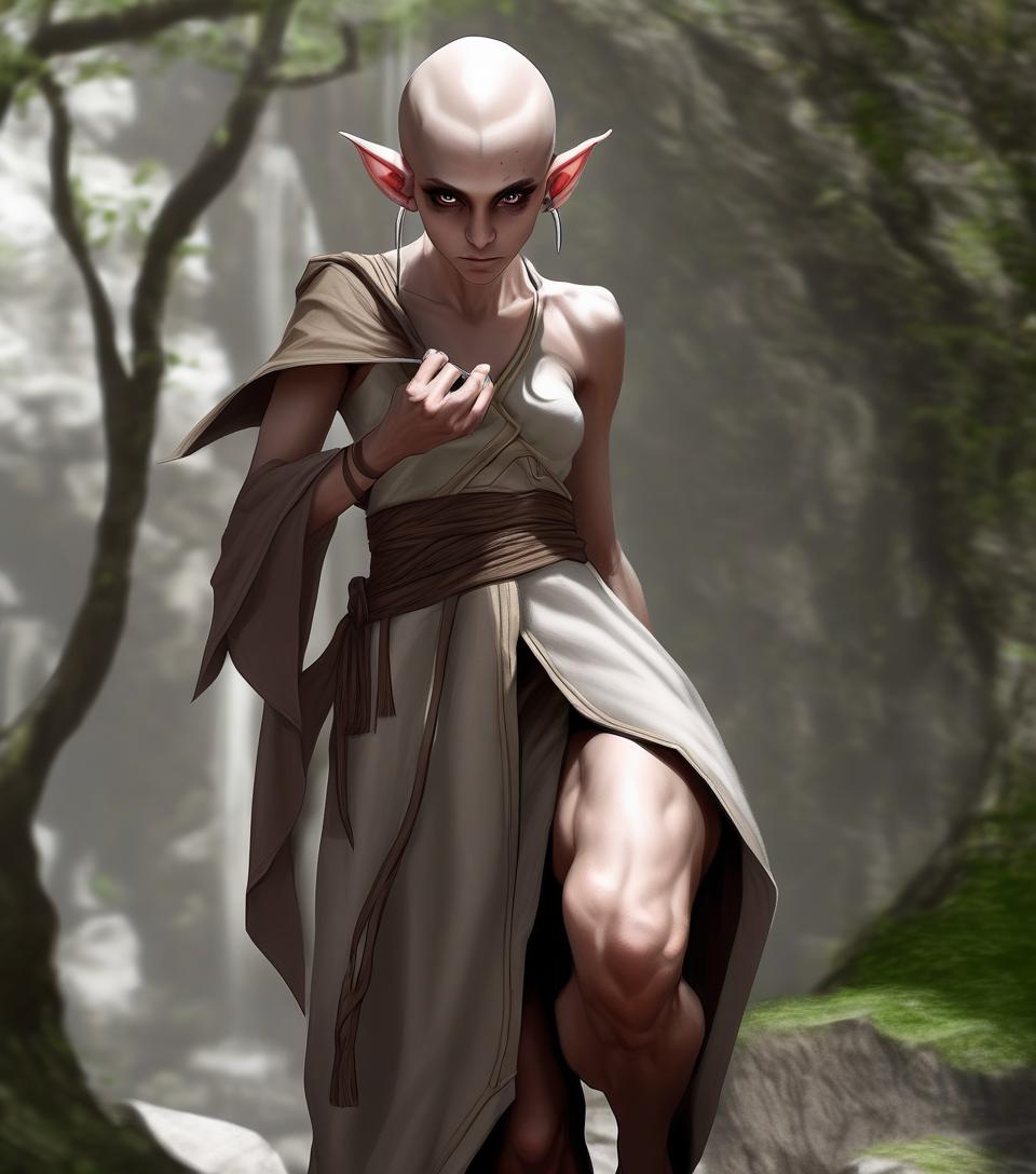  dnd fantasy drawing elf girl monk blind bald full length