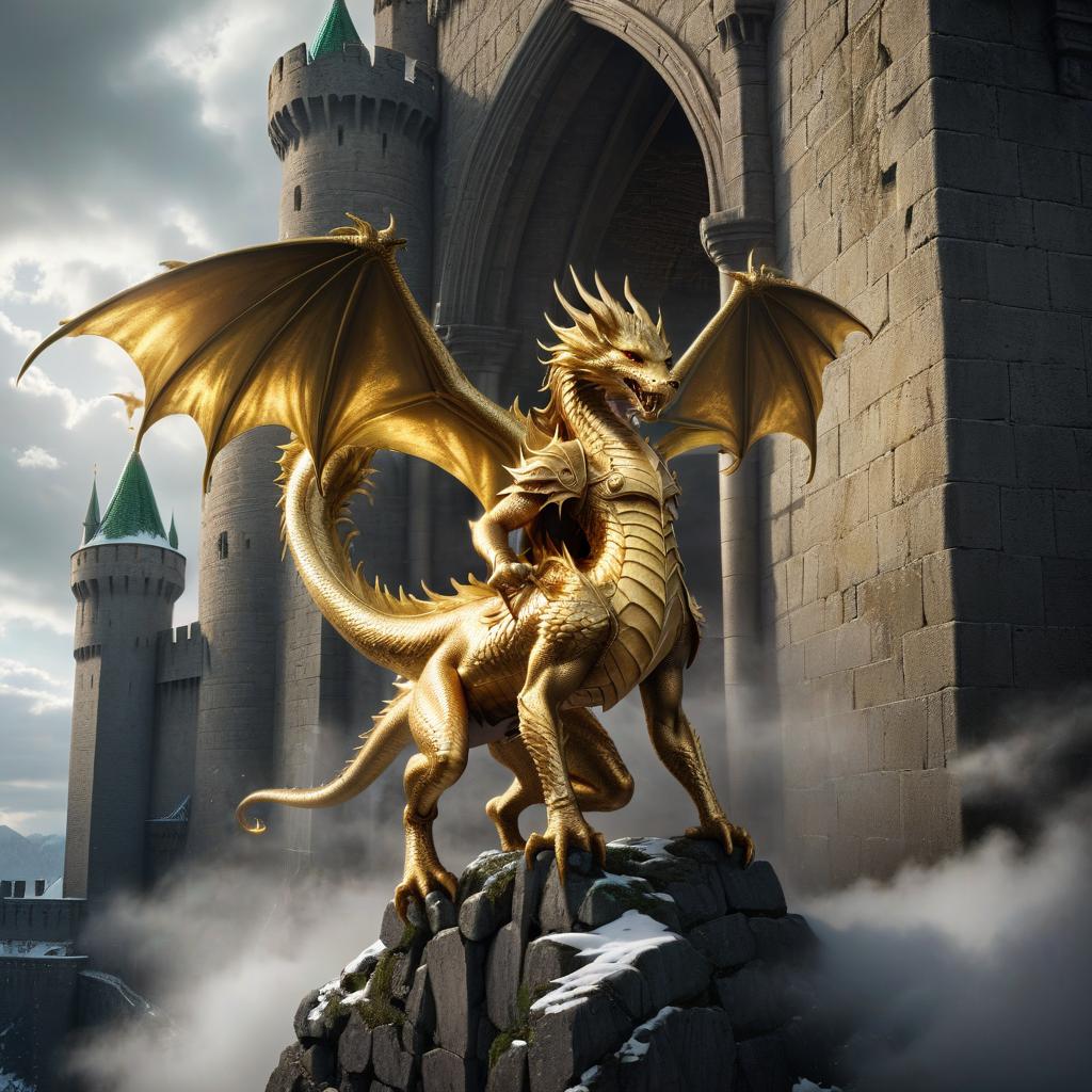  hyperrealistic art a golden dragon carrying a beautiful elf woman on his back descends from the gloomy sky in snow clouds on the wall of a medieval gothic fortress. in the hands of the elf a golden staff with golden wings and an emerald between them. . extremely high resolution details, photographic, realism pushed to extreme, fine texture, incredibly lifelike, civitai, glowneon