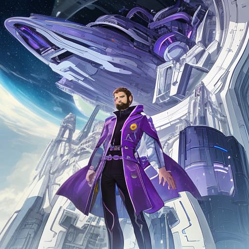  the creators' spaceship. the protector of the universe is a young man of lean build, with a small beard and a short haircut, purple eyes.