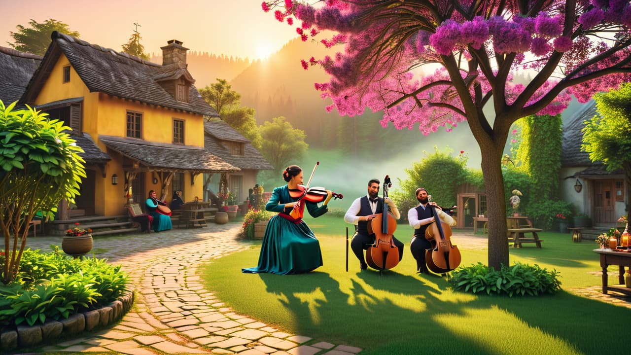  a vibrant scene of a rustic village square with musicians playing traditional instruments like fiddles and banjos, surrounded by dancers in colorful folk costumes, with lush greenery and a warm sunset casting a golden glow. hyperrealistic, full body, detailed clothing, highly detailed, cinematic lighting, stunningly beautiful, intricate, sharp focus, f/1. 8, 85mm, (centered image composition), (professionally color graded), ((bright soft diffused light)), volumetric fog, trending on instagram, trending on tumblr, HDR 4K, 8K