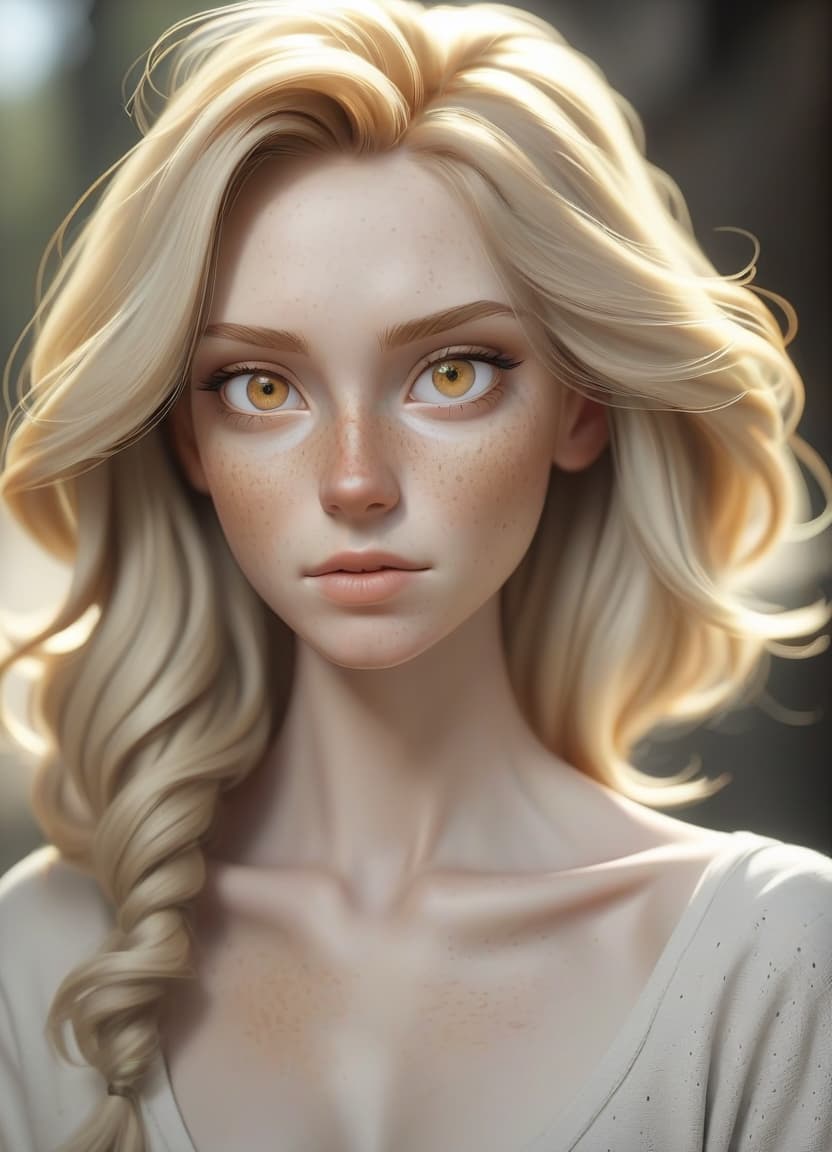  girl with hairstyle blonde, hair glowing, bright golden eyes, pale skin, freckles