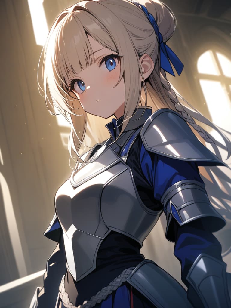  ultra detailed:1.2,masterpiece:1.2,best quality,masterpiece,bestquality,hdr:1.1,8k:1.1,very cute girl:1.3,(silver armor dress,blue dress:1.3)((blond hair,chignon:1.7)),((braided side hair,blunt bangs:1.6)),(blue head ribbon:1.1),(blue eyes:1.3),(holding great sword:1.6)dignified expression:1.3,dutch angle,upper body