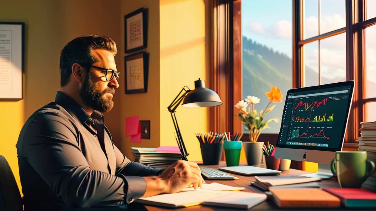  a cozy home office scene with a beginner trader at a desk, surrounded by charts, a laptop displaying stock prices, colorful sticky notes, and a cup of coffee, sunlight streaming through a window. hyperrealistic, full body, detailed clothing, highly detailed, cinematic lighting, stunningly beautiful, intricate, sharp focus, f/1. 8, 85mm, (centered image composition), (professionally color graded), ((bright soft diffused light)), volumetric fog, trending on instagram, trending on tumblr, HDR 4K, 8K