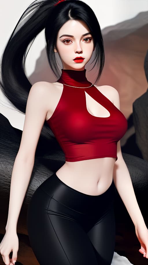  a girl in a red top, full length, black hair collected in a tail, tight leggings of silk, against the background of a cave., (intricate details:0.9), (hdr, hyperdetailed:1.2)