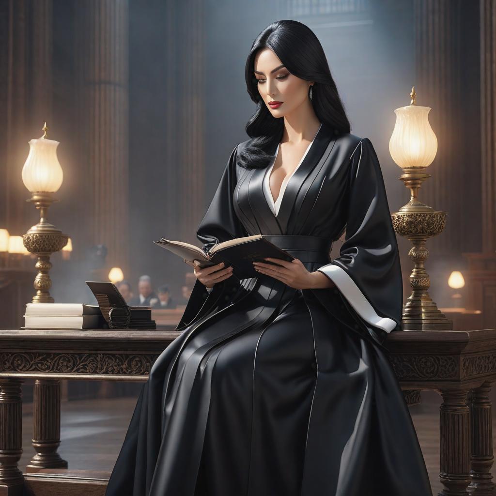  a woman judge wearing a black robe and with black hair reading a document, ((3d)) hyperrealistic, full body, detailed clothing, highly detailed, cinematic lighting, stunningly beautiful, intricate, sharp focus, f/1. 8, 85mm, (centered image composition), (professionally color graded), ((bright soft diffused light)), volumetric fog, trending on instagram, trending on tumblr, HDR 4K, 8K