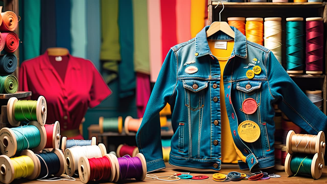  a vibrant workspace filled with colorful fabric scraps, sewing tools, and half finished projects. a vintage denim jacket transforms into a stylish tote bag, surrounded by spools of thread and hand painted patches. hyperrealistic, full body, detailed clothing, highly detailed, cinematic lighting, stunningly beautiful, intricate, sharp focus, f/1. 8, 85mm, (centered image composition), (professionally color graded), ((bright soft diffused light)), volumetric fog, trending on instagram, trending on tumblr, HDR 4K, 8K