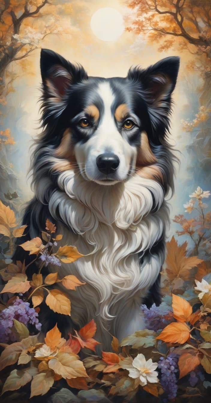  acrylic painting. highly detailed image with double exposure and overlay of textures and layers. far background. beautiful border collie dog, patterns, beautiful, unusual. a background in soft pastel tones: surrealist abstractionism. fog, light savanna patterns, autumn theme, lianas, indian lilac, american beautiful fruits, magnolia flowers. fine patterns of mysticism and magic: frame, vignette. stylistics: neo rococo, abstract fantasy, surrealism, mysticism. swarovski, in the manner of andrew jones, fragonard, jacek yerki, mark kitley, james christensen, durer. high quality.