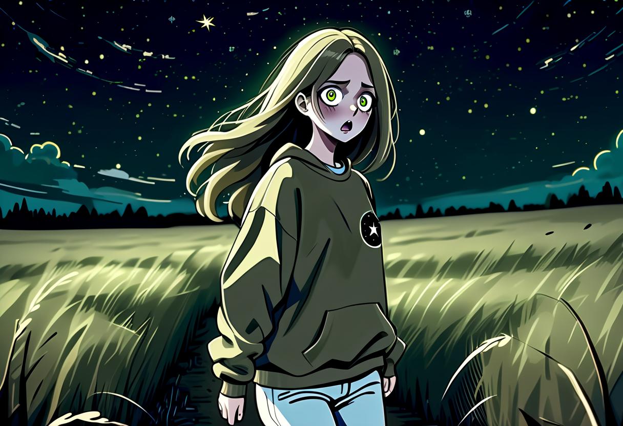  horror themed a girl in anime style with long hair runs around the field at night dressed in a khaki colored sweatshirt and pants. the girl looks at the starry sky at night with black lower eyelids under the eyes of a specific color full of fear of the unknown and curiosity. . eerie, unsettling, dark, spooky, suspenseful, grim, highly detailed