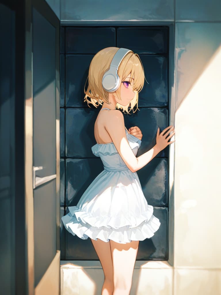  white frilled dress swimwear, back, blond twin tail, white headphones, whole body, foot, hugging on the wall, pose that sticks the ocks, tile walls, small , s, s, s, masterpiece, best quality,8k,ultra detailed,high resolution,an extremely delicate and beautiful,hyper detail