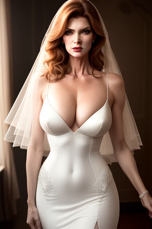  Rene Russo, wedding dress, sexy, dark makeup, carmine lipstick, bare shoulders, neckline down to the navel, medium breasts, slit dress, fishnet stockings, white stockings hyperrealistic, full body, detailed clothing, highly detailed, cinematic lighting, stunningly beautiful, intricate, sharp focus, f/1. 8, 85mm, (centered image composition), (professionally color graded), ((bright soft diffused light)), volumetric fog, trending on instagram, trending on tumblr, HDR 4K, 8K