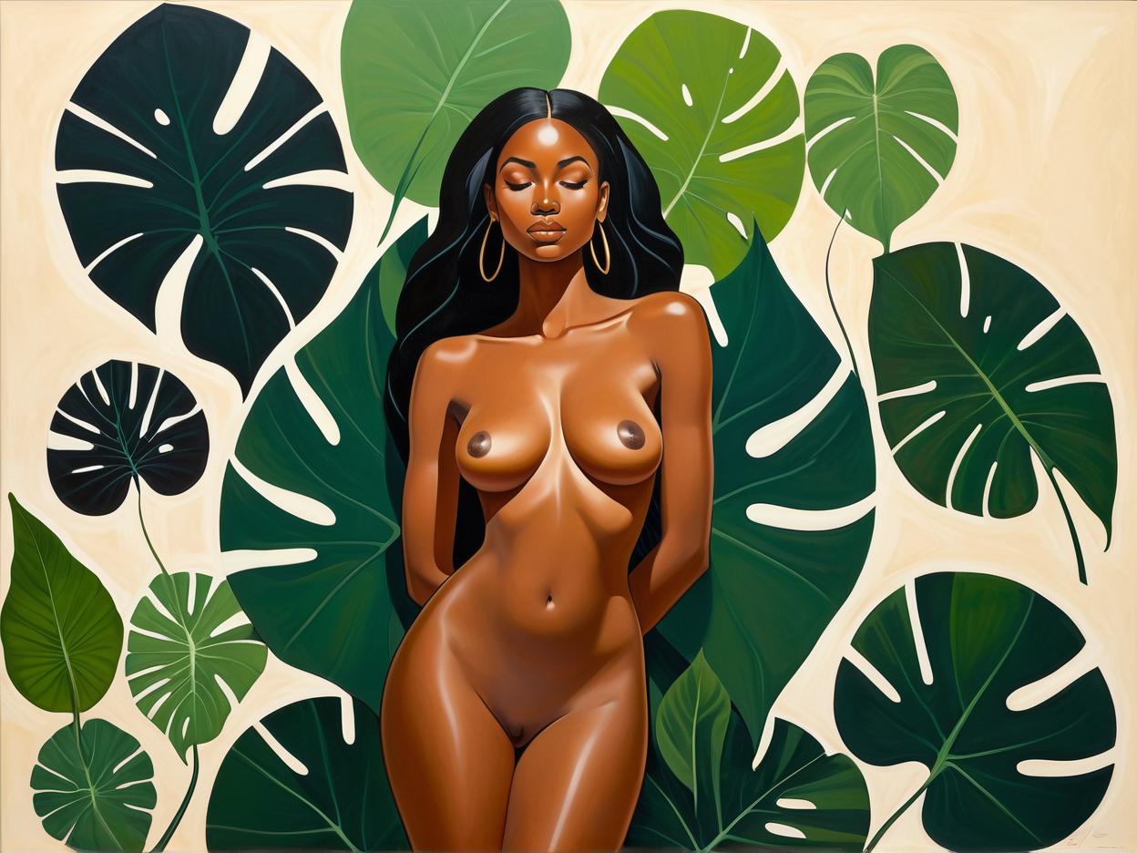  minimalism, a beautiful black woman surrounded by elephant ear leaves. she is in a divine pose. their entire body. she is naked. semi minimalist painting, abstract, simple geometic shapes, hard edges, sleek contours, minimalism