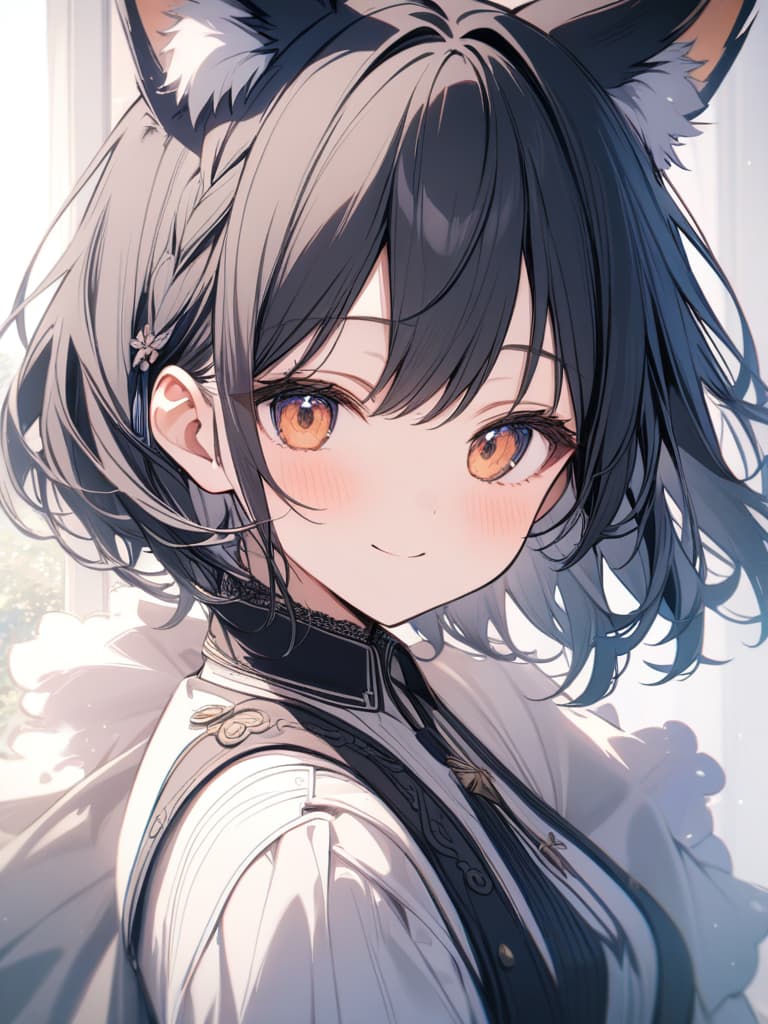  black hair, short hair, smile, cute, gradation, braided ears, first blue, fox ears, masterpiece, best quality,8k,ultra detailed,high resolution,an extremely delicate and beautiful,hyper detail