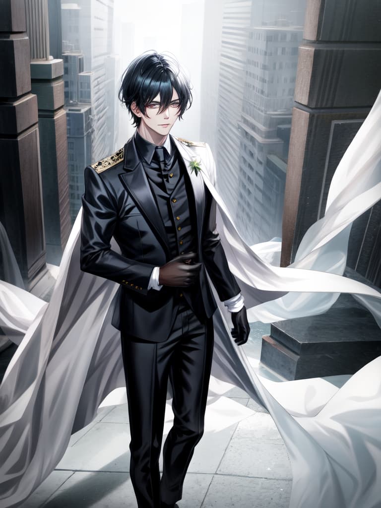  evil is 2.35 centimeters tall, male in gender, with short black hair and dark pupils. his eyes are indifferent to everything, and he is as cold as an iceberg, exuding an aura of staying away from strangers. he is dressed formally and solemnly, wearing black gloves, showing his solemnity and solemnity. he is handsome and quiet, with cold white skin hyperrealistic, full body, detailed clothing, highly detailed, cinematic lighting, stunningly beautiful, intricate, sharp focus, f/1. 8, 85mm, (centered image composition), (professionally color graded), ((bright soft diffused light)), volumetric fog, trending on instagram, trending on tumblr, HDR 4K, 8K