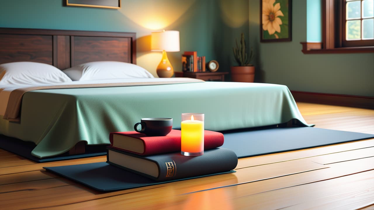  a serene morning scene featuring a sunlit bedroom, a neatly made bed, a steaming cup of tea on a bedside table, a journal, and a yoga mat rolled out on a wooden floor, inviting calm and mindfulness. hyperrealistic, full body, detailed clothing, highly detailed, cinematic lighting, stunningly beautiful, intricate, sharp focus, f/1. 8, 85mm, (centered image composition), (professionally color graded), ((bright soft diffused light)), volumetric fog, trending on instagram, trending on tumblr, HDR 4K, 8K