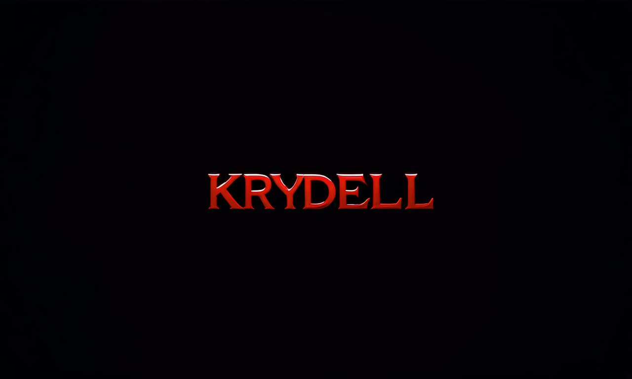  cinematic film still it says "krydell" in red. the background is dark. around different items from weapons games, cars and money . shallow depth of field, vignette, highly detailed, high budget, bokeh, cinemascope, moody, epic, gorgeous, film grain, grainy