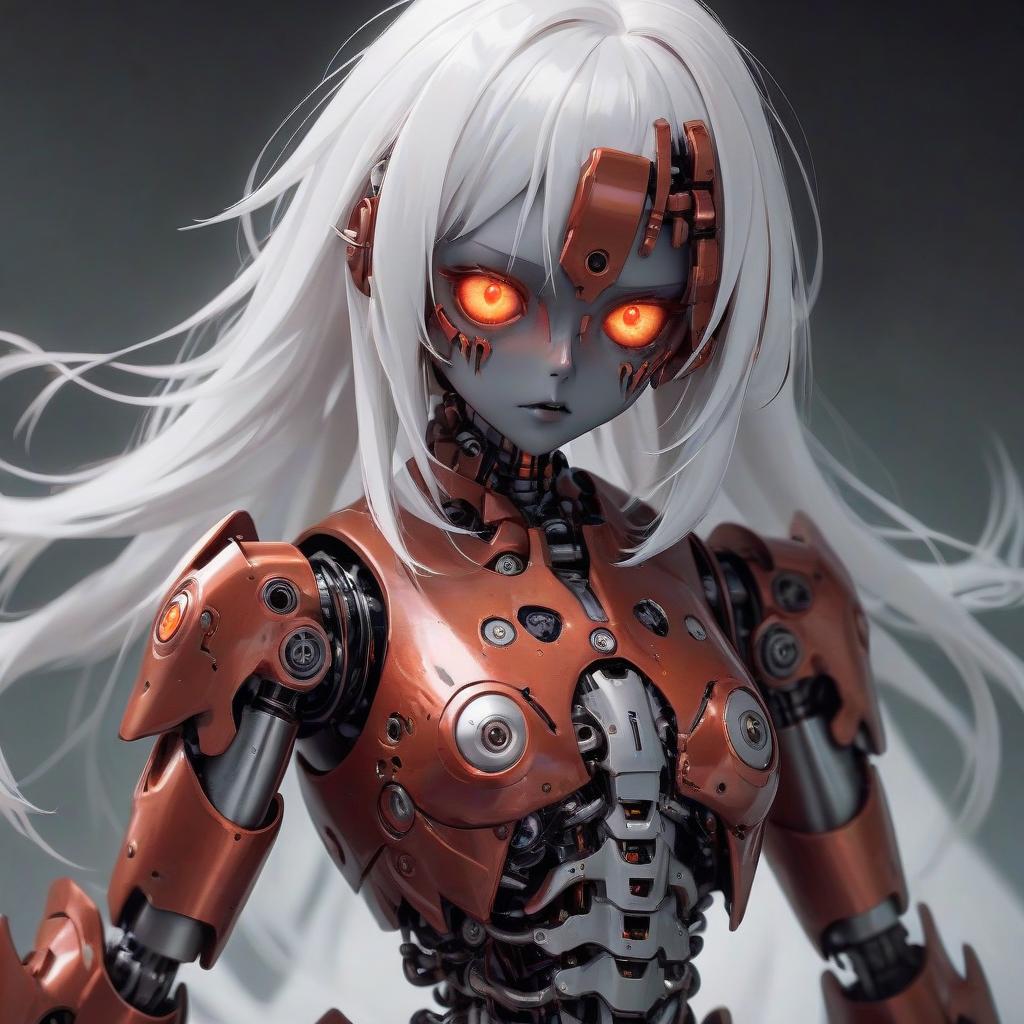  horror themed robot girl, red metal body, orange eyes, white hair . eerie, unsettling, dark, spooky, suspenseful, grim, highly detailed