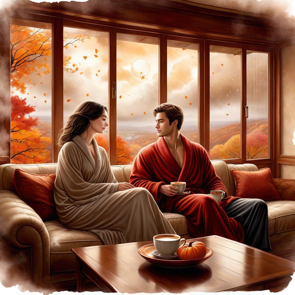  digital illustration, ink and watercolor on parchment, with fine shading of the edges, depicting an two lovers, a man and a woman dressed in pajamas in a warm room and looking out the window, sitting on a sofa at a table and drinking hot tea, looking out the panoramic window, a monotonous autumn rain is falling outside the window, soft diffused lighting in warm tones envelops her, enhancing the mystical aura around her slender form.