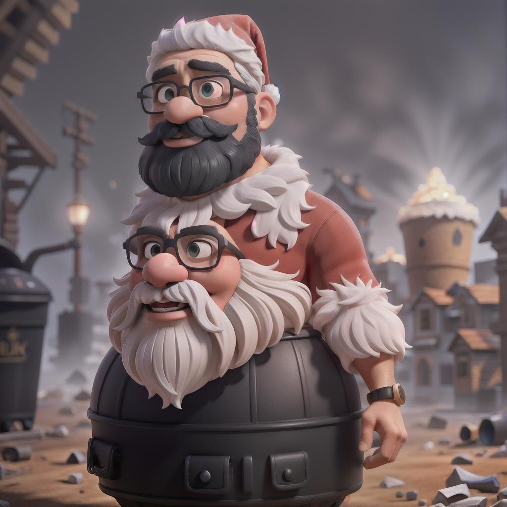  a santa claus with a black mustache and glasses, a landfill, trash cans hyperrealistic, full body, detailed clothing, highly detailed, cinematic lighting, stunningly beautiful, intricate, sharp focus, f/1. 8, 85mm, (centered image composition), (professionally color graded), ((bright soft diffused light)), volumetric fog, trending on instagram, trending on tumblr, HDR 4K, 8K