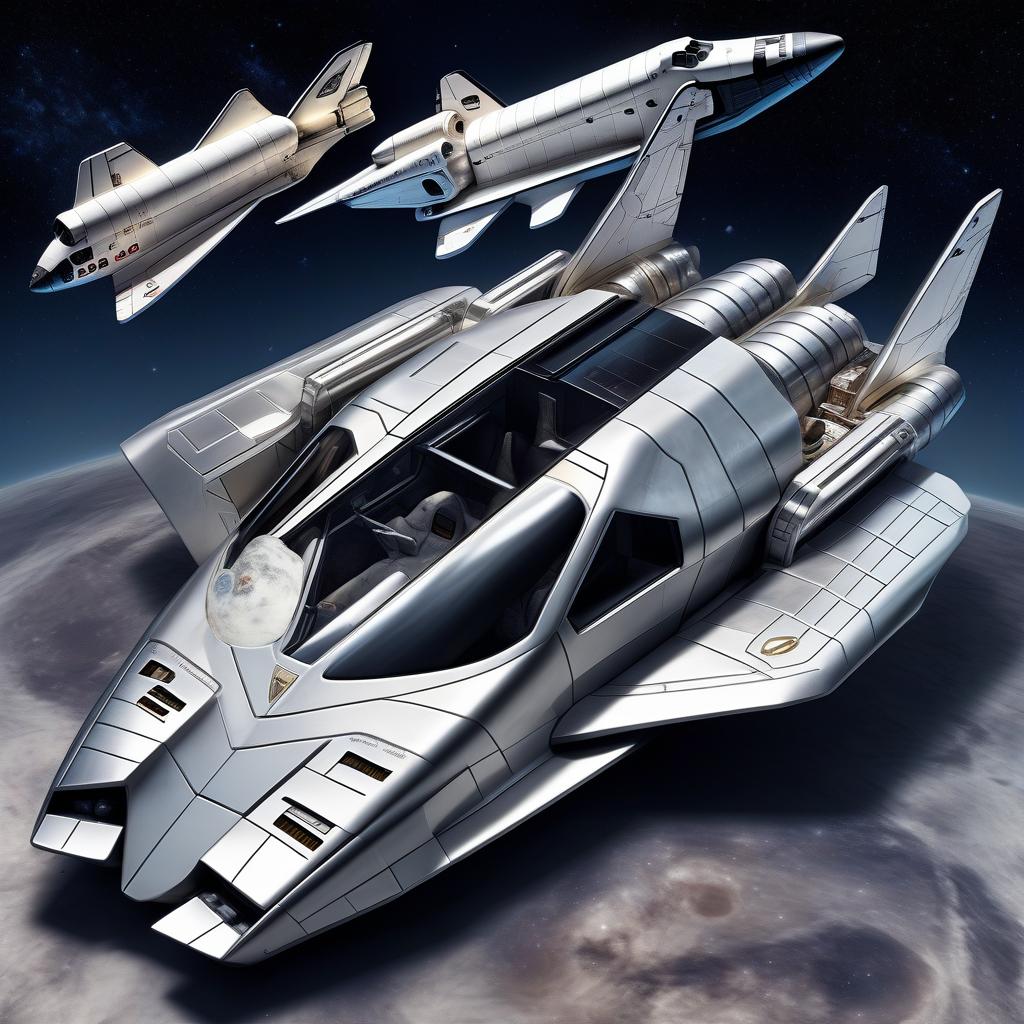  space themed the space shuttle looks like a lamborghini countach, silver color, in the styles of futurism, dieselpunk and steampunk. . cosmic, celestial, stars, galaxies, nebulas, planets, science fiction, highly detailed