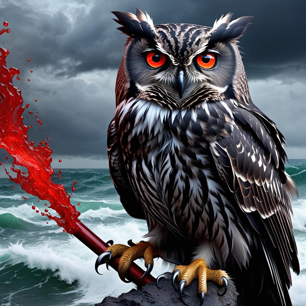  the god hades with a black screech owl that has blood red eyes by a stormy sea photo realistic, highly intricate and detailed, masterpiece, ultra high res,photography,8k resolution