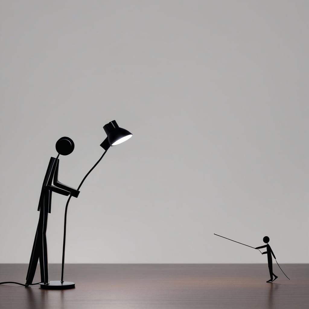  a small black bendable lamp shining a light on a stick figure man standing with a blank expression