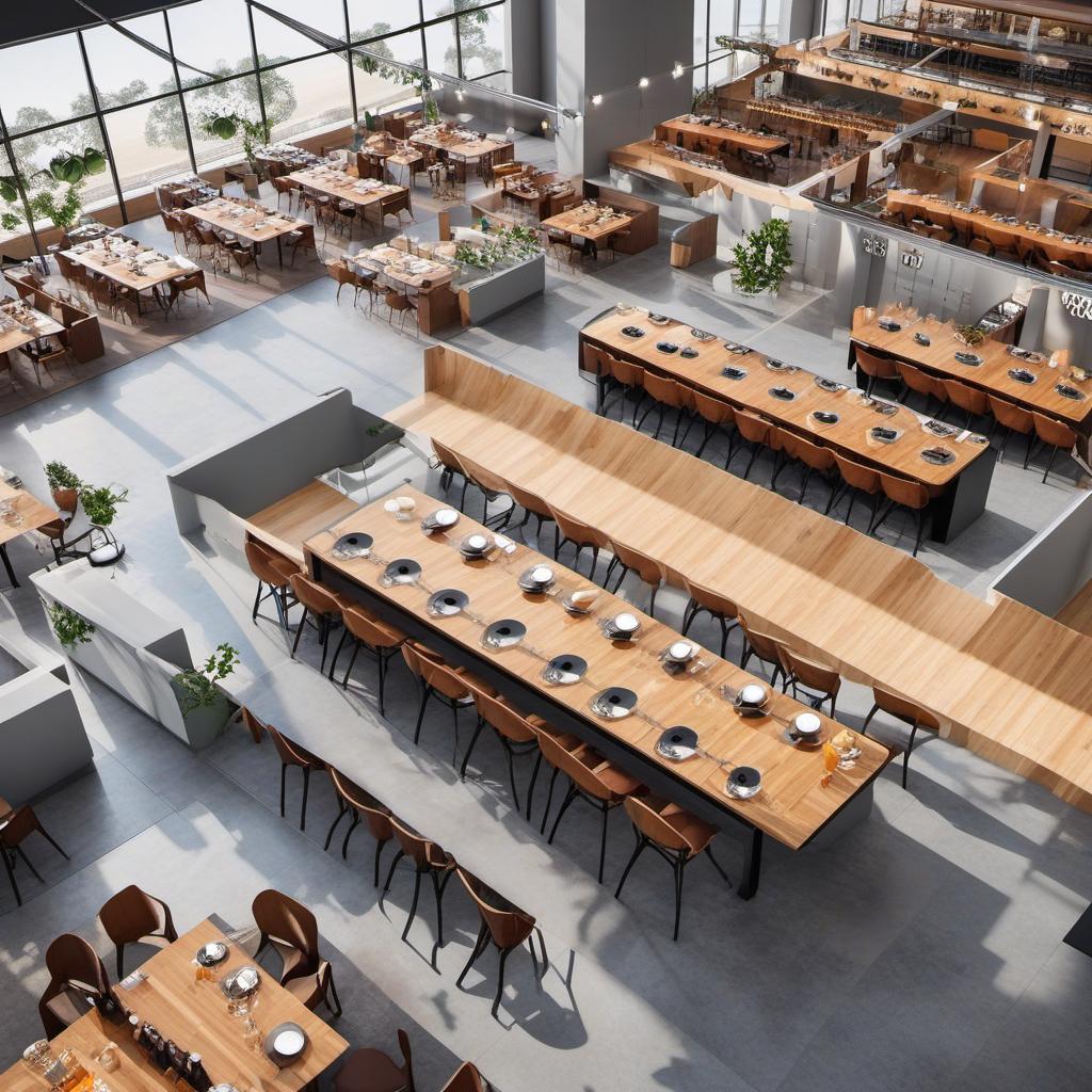  aerial view of high school cafeteria layout that is cozy and not cold feeling, please warm and creative , mystical style