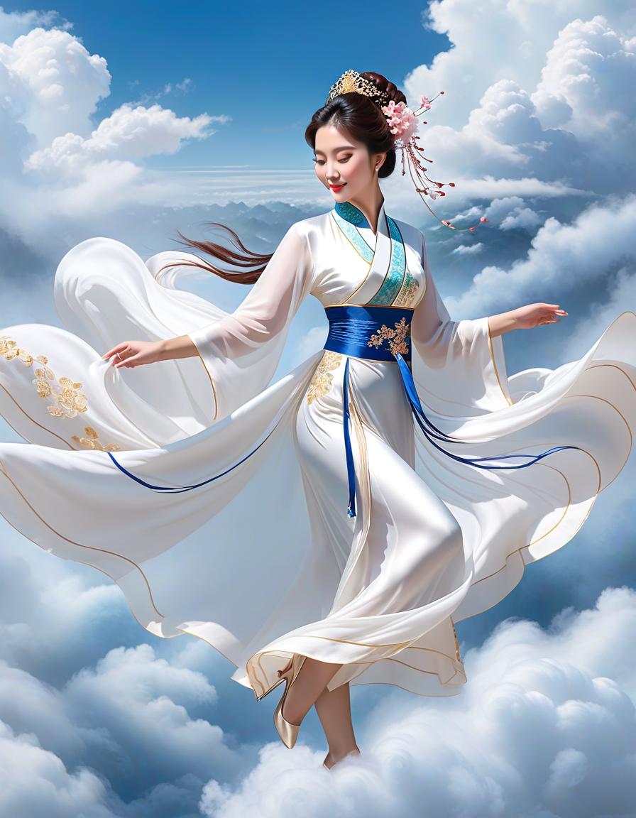  chinese lola in lightweight silk daxuchan, elegantly dancing on clouds, <lora:add detail xl:0.3>