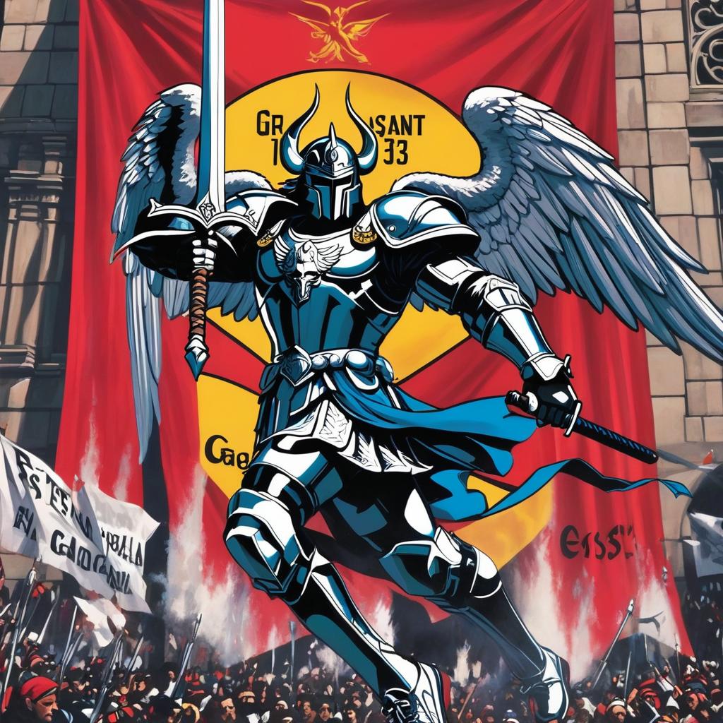  saint michael holding a powerful sword, defeating a evil demon. wearing a pair of retro jordan’s. in the background a big banner with the name gagnon in it, below that is says est. 1983