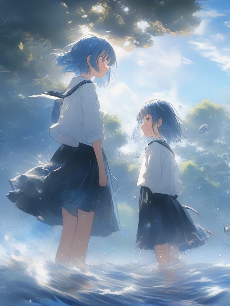  white shirts, blue hair short, black skirts, blue eyes, girls, above water, under blue sky, small white corners, girls, crying, crying, short hair, masterpiece, best quality,8k,ultra detailed,high resolution,an extremely delicate and beautiful,hyper detail