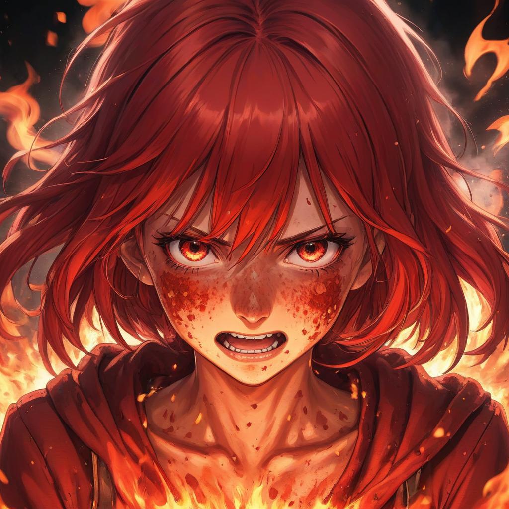  anime artwork red girl with freckles in anger, fire magic, burns on her face . anime style, key visual, vibrant, studio anime, highly detailed