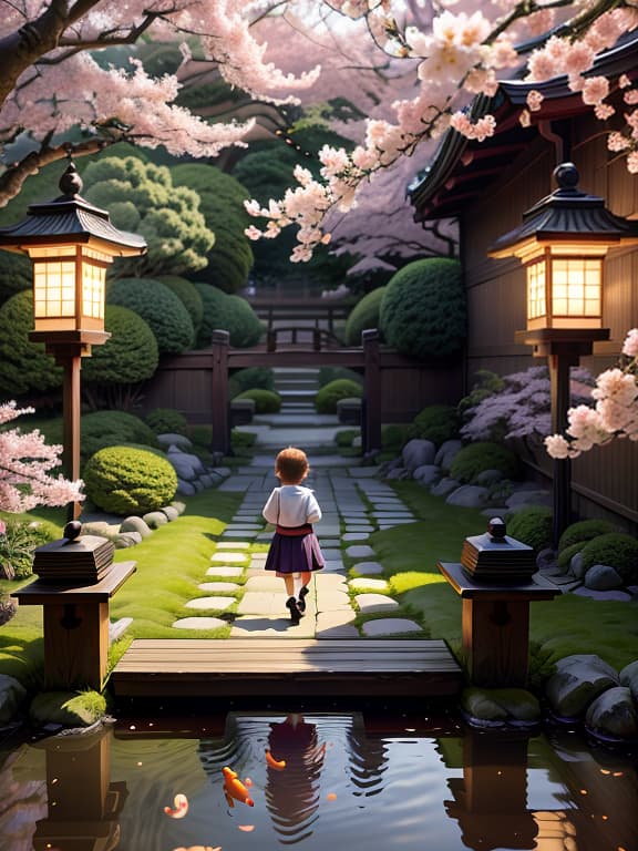  master piece, best quality, ultra detailed, highres, 4k.8k, A young , Walking through the garden, Innocent and curious, BREAK Innocence and beauty, Traditional Japanese garden, Cherry blossoms, lanterns, koi pond, wooden bridge, BREAK Peaceful and serene, Soft sunlight filtering through the cherry blossom nches, creating a gentle, dreamy atmosphere, fun00d