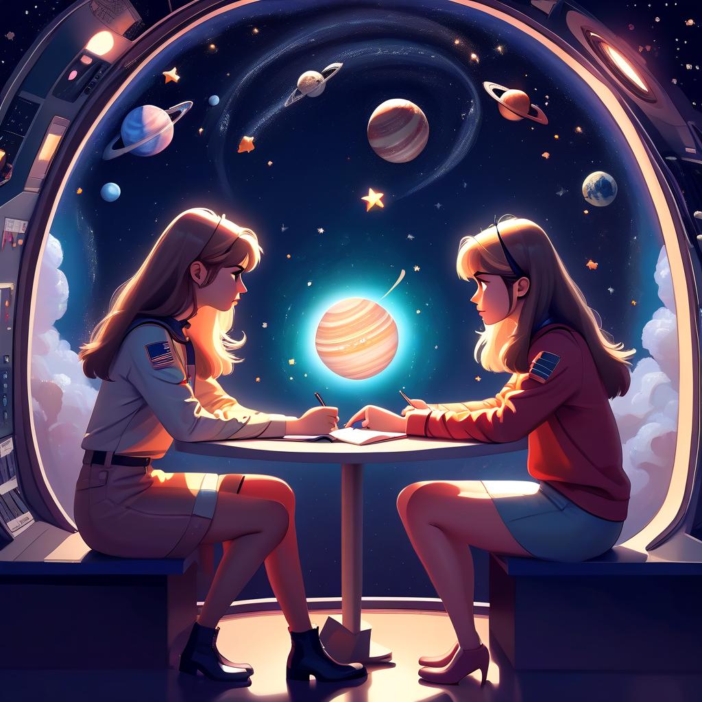  two girls of the writer sit opposite each other and discuss a new story, around space, stars, planets