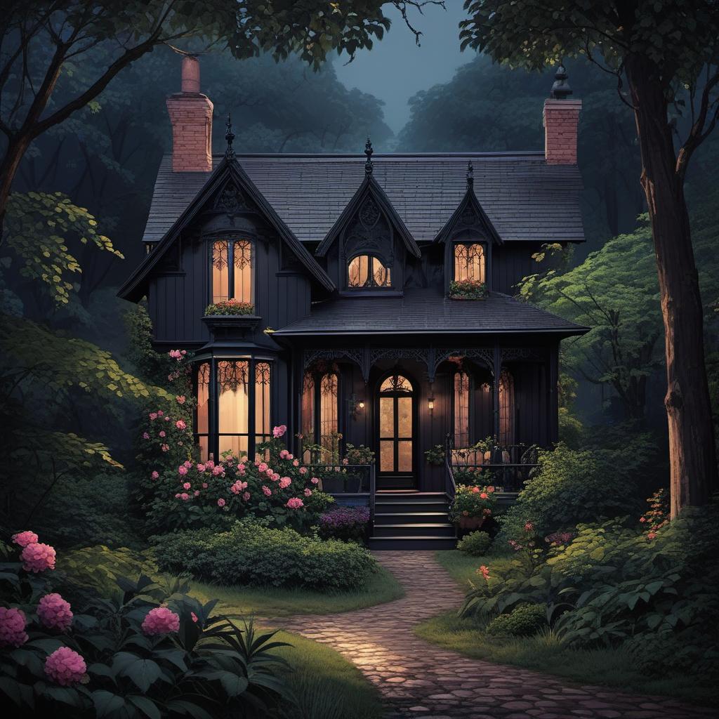  a small black gothic victorian revival cottage in the 1800s, with a dark forest covering it. , painting style