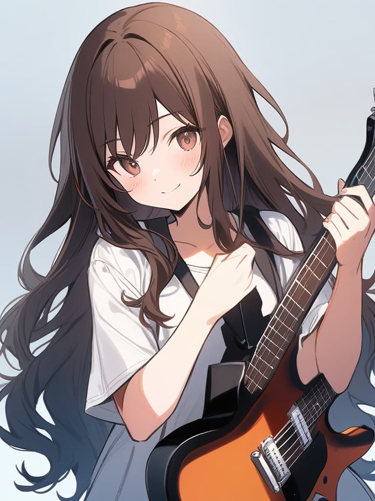  (beautiful girl:1.5)(brown hair:1.5)(long hair:1.7)(wavy hair:1.5)(holding electric guitar:1.7){orange dress:1.5}(smiling){playing guitar happily:1.7} {upper body:1.5}master piece,high quality,16k,super analysis,correct finger position,correctnumber of fingers