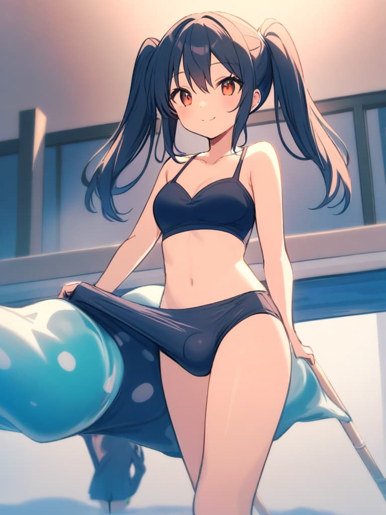  women's elementary students (male), twin tails, cute smiles, (rich s), low stature, dark blue swimwear, old swimwear, , simple, (upward), upward, (bulge), front, whole body, pool side ,,,