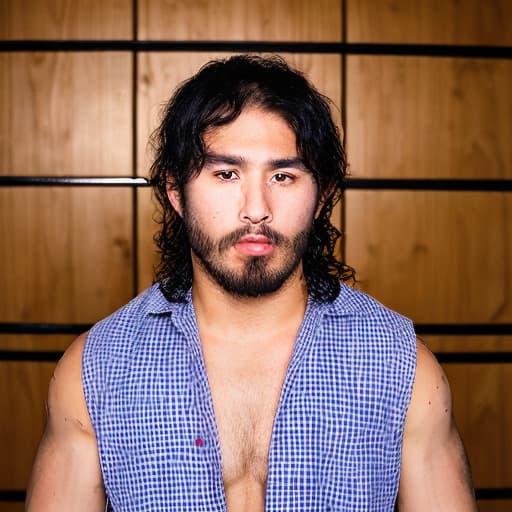 portrait+ style Japan wrestler queer brunette hunk dude face