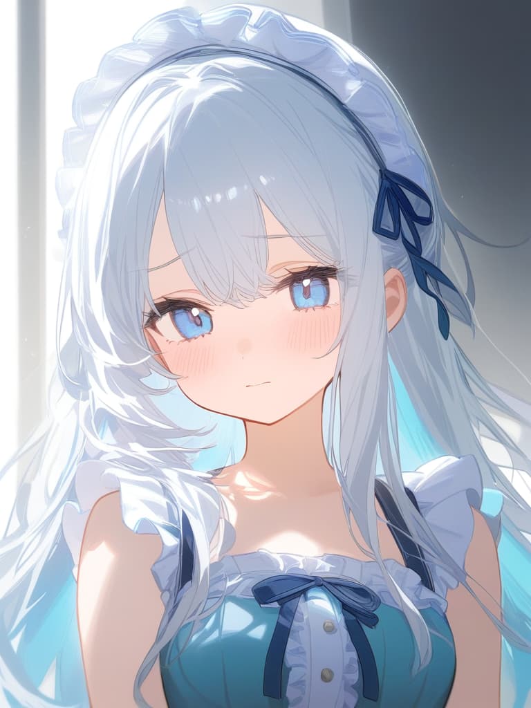  girl,solo,cute face focus,light blue eyes,white hair,headdress,corset,frill onepiece,frill ribbon,long straight hair,cute girl,young,cute color,shy,blue gradation hair color,white eyelash color,