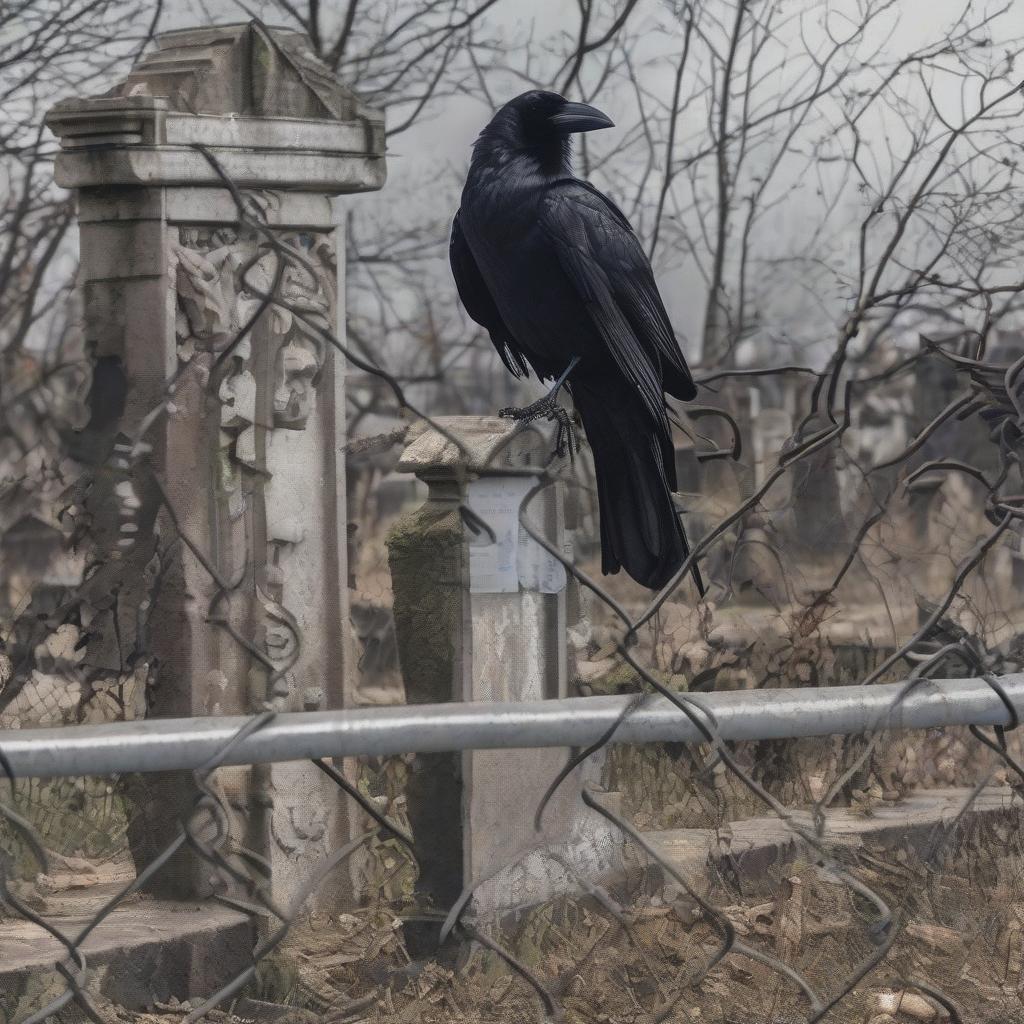  a sad crow sits on the fence of a ruined cemetery.