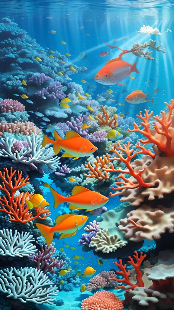  masterpiece, best quality, shimmering coral oasis: "a peaceful coral oasis where fish of every color swim through glowing arches of coral. sunlight streams down from above, illuminating the vivid blues, greens, and oranges of the fish and the coral alike. gentle currents sway the coral and fish in synchronized harmony, creating a sense of calm and wonder. high res, photorealistic, detailed, vibrant, serene, tranquil." each prompt focuses on vibrant underwater scenes, colorful fish, and magical lighting to create serene, awe inspiring imagery. let me know which ones stand out! surface. high res, ultra detailed, photorealistic, vibrant colors, tranquil, awe inspiring beauty."