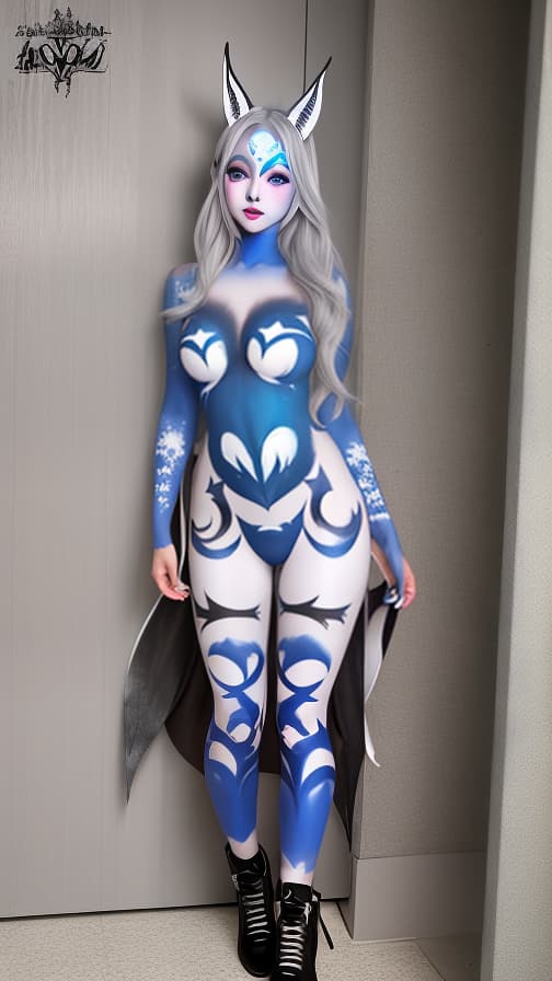  silver and blue bat pattern body paint in every corner of the body, Grey body paint all over the body, White face paint on the face, Two dark elfs, full body image 女性